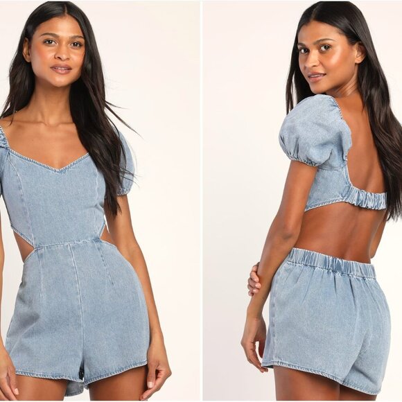 Lulus Blushing Beauty Light Wash Denim Puff Sleeve Romper - Size S - Picture 6 of 10